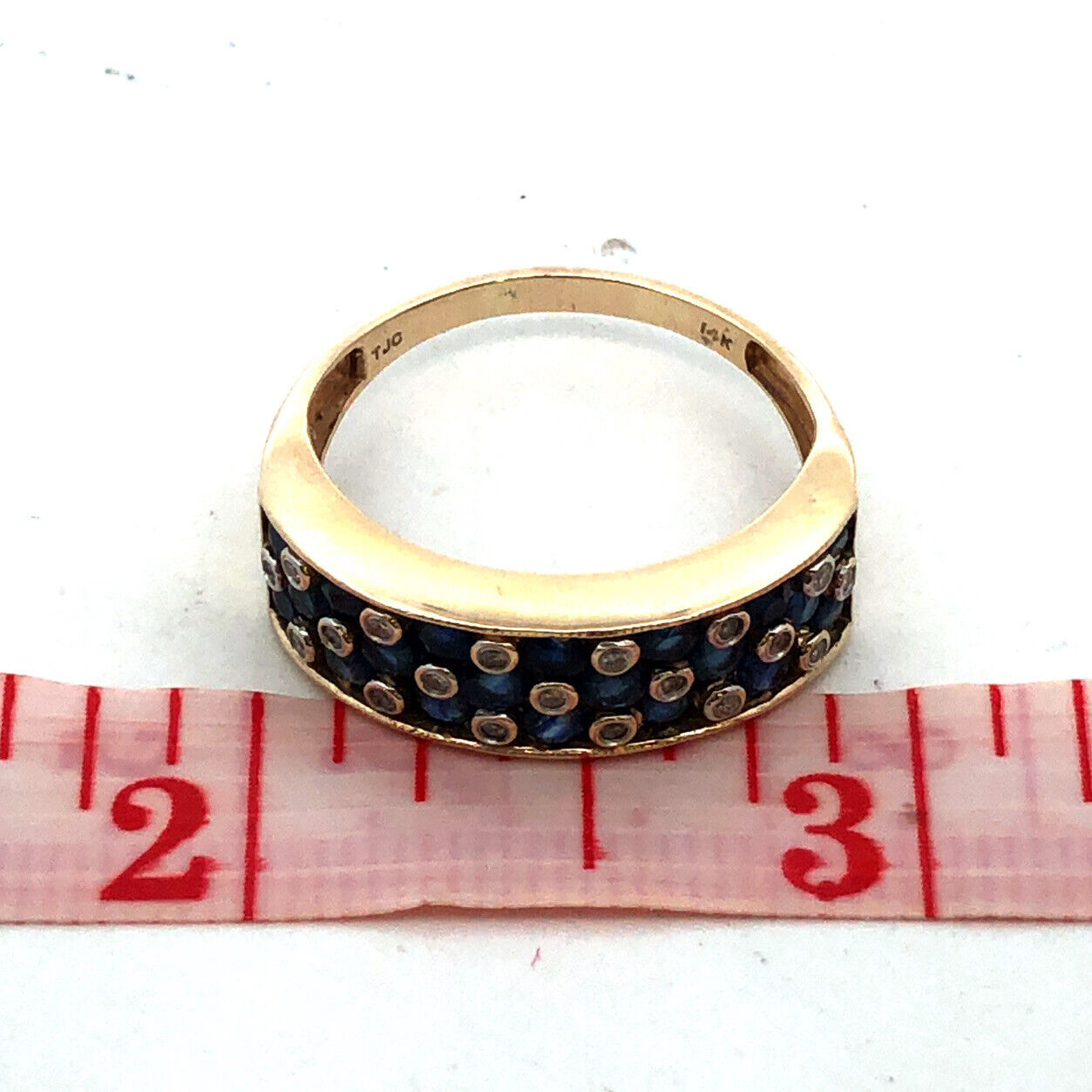 14K Yellow Gold Designer TJC Blue Sapphire Diamond Accent Anniversary Band Ring