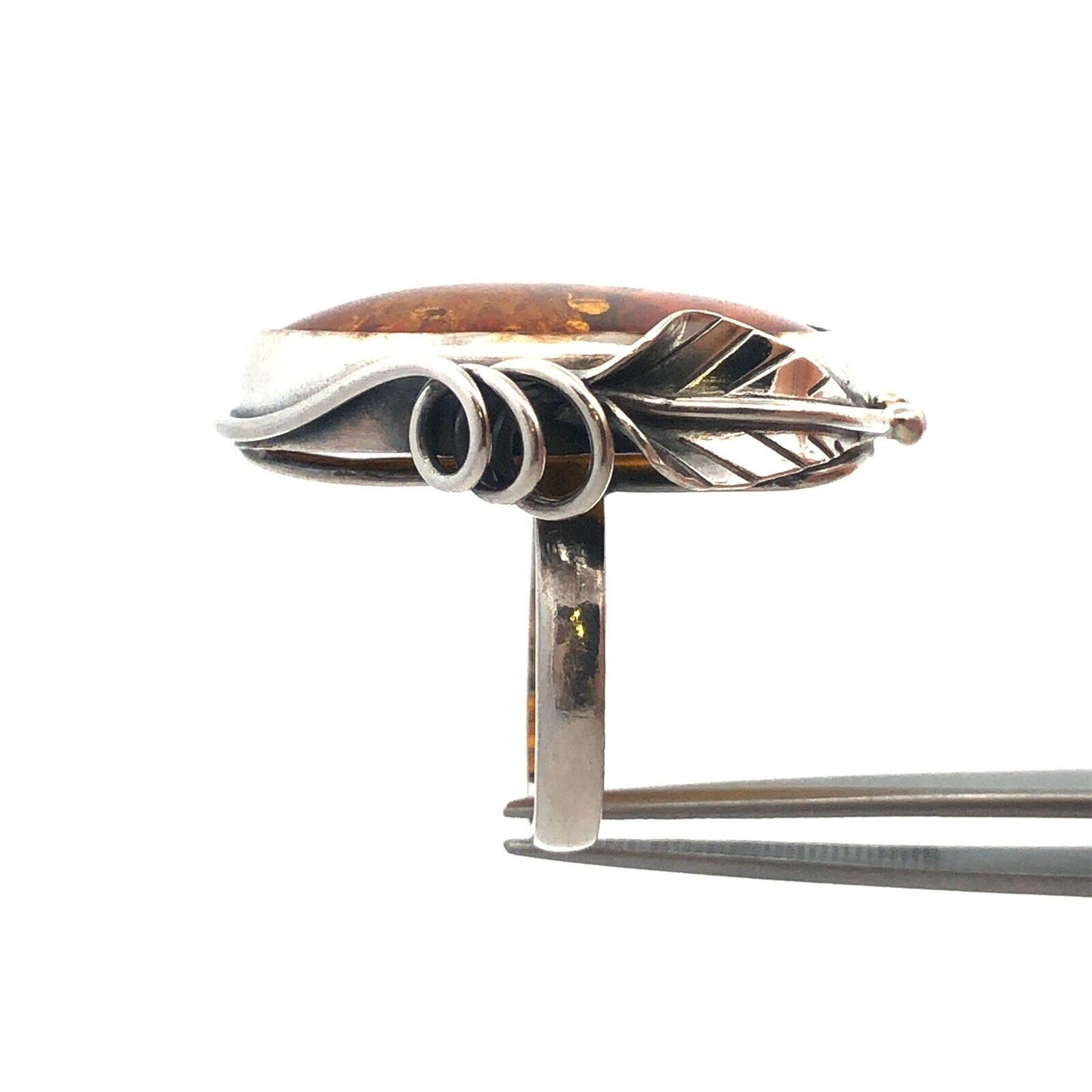 Vintage 925 Sterling Silver Oval Amber Vine Detail Statement Ring