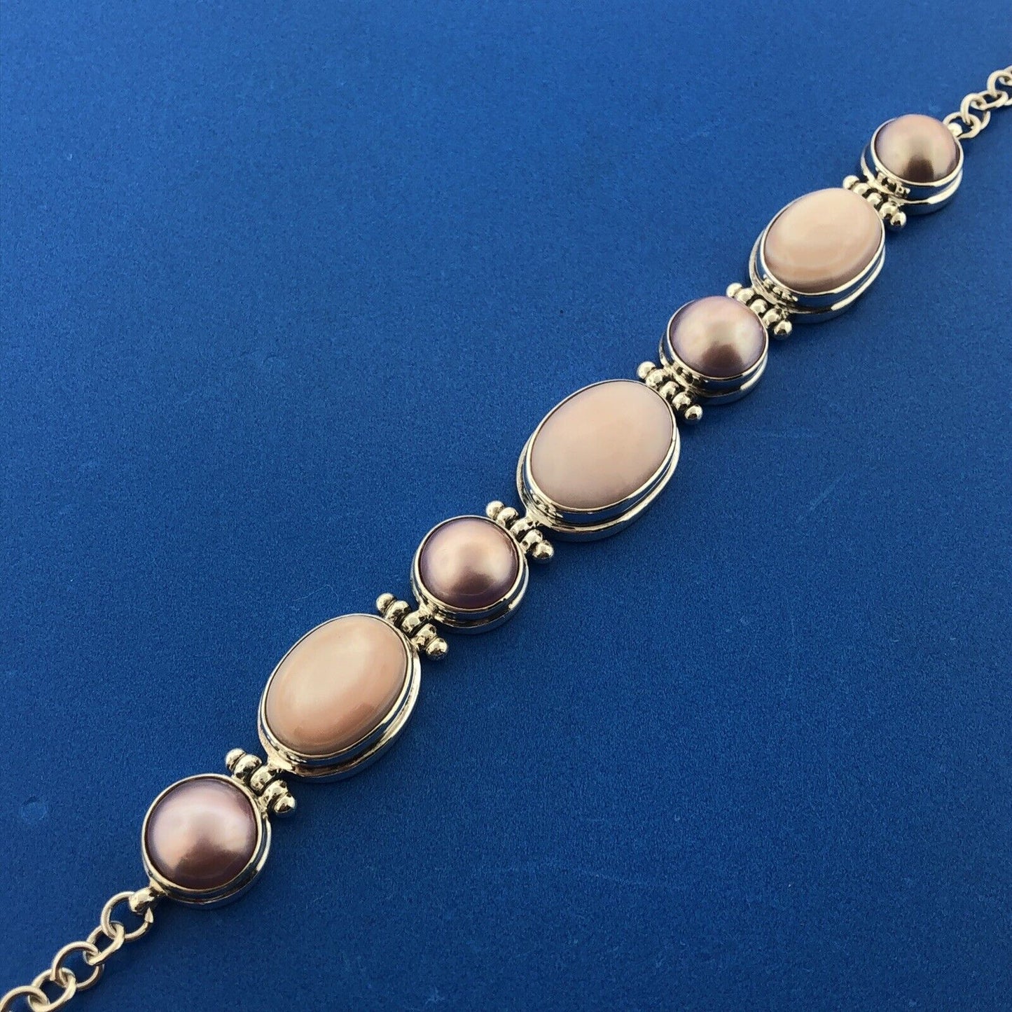 Sterling Silver Rose Quartz Pink Mother Of Pearl Rose Pearl Cabochon Bracelet