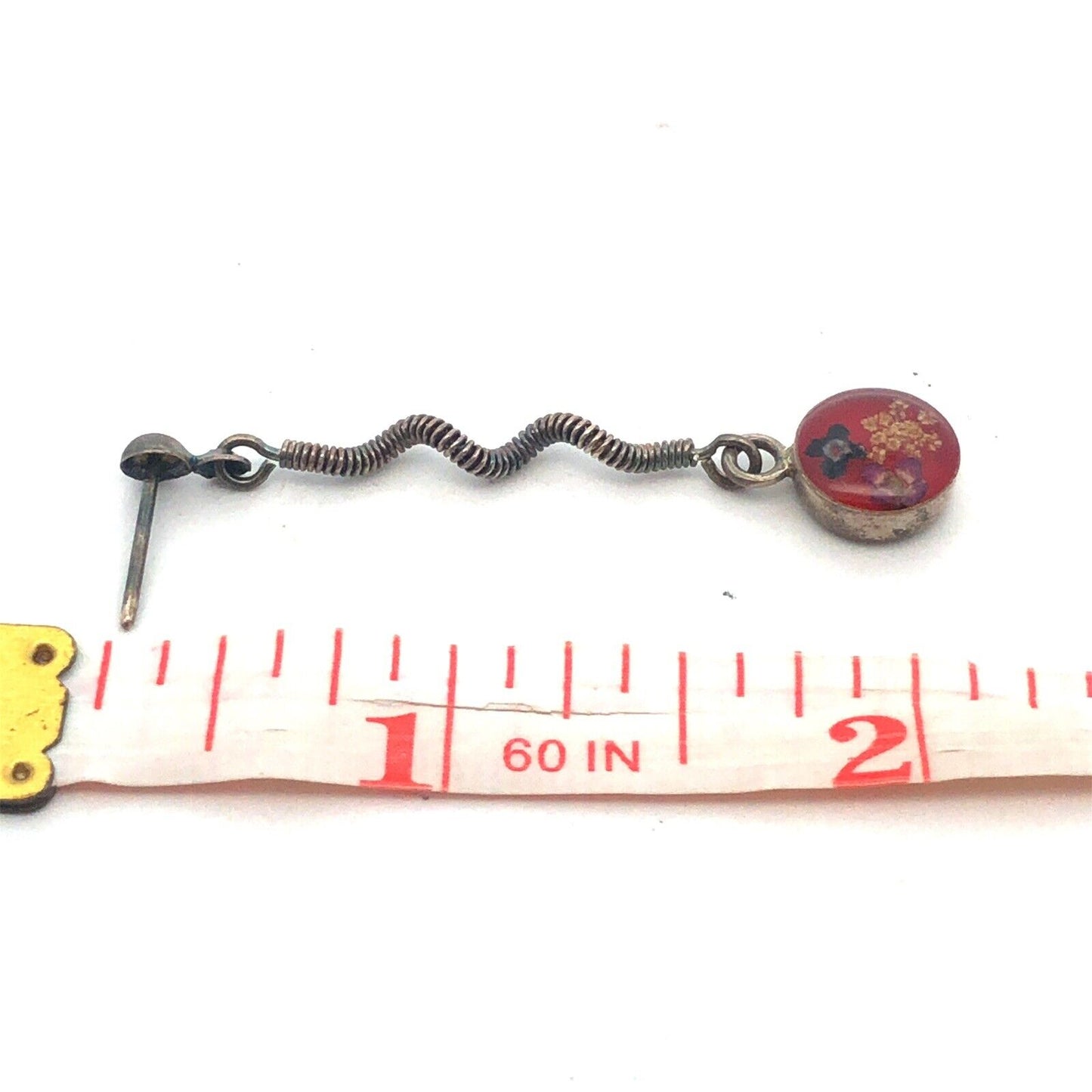 Vintage 925 Sterling Silver Red Resin Flower Floral Spiral Dangle Stud Earrings