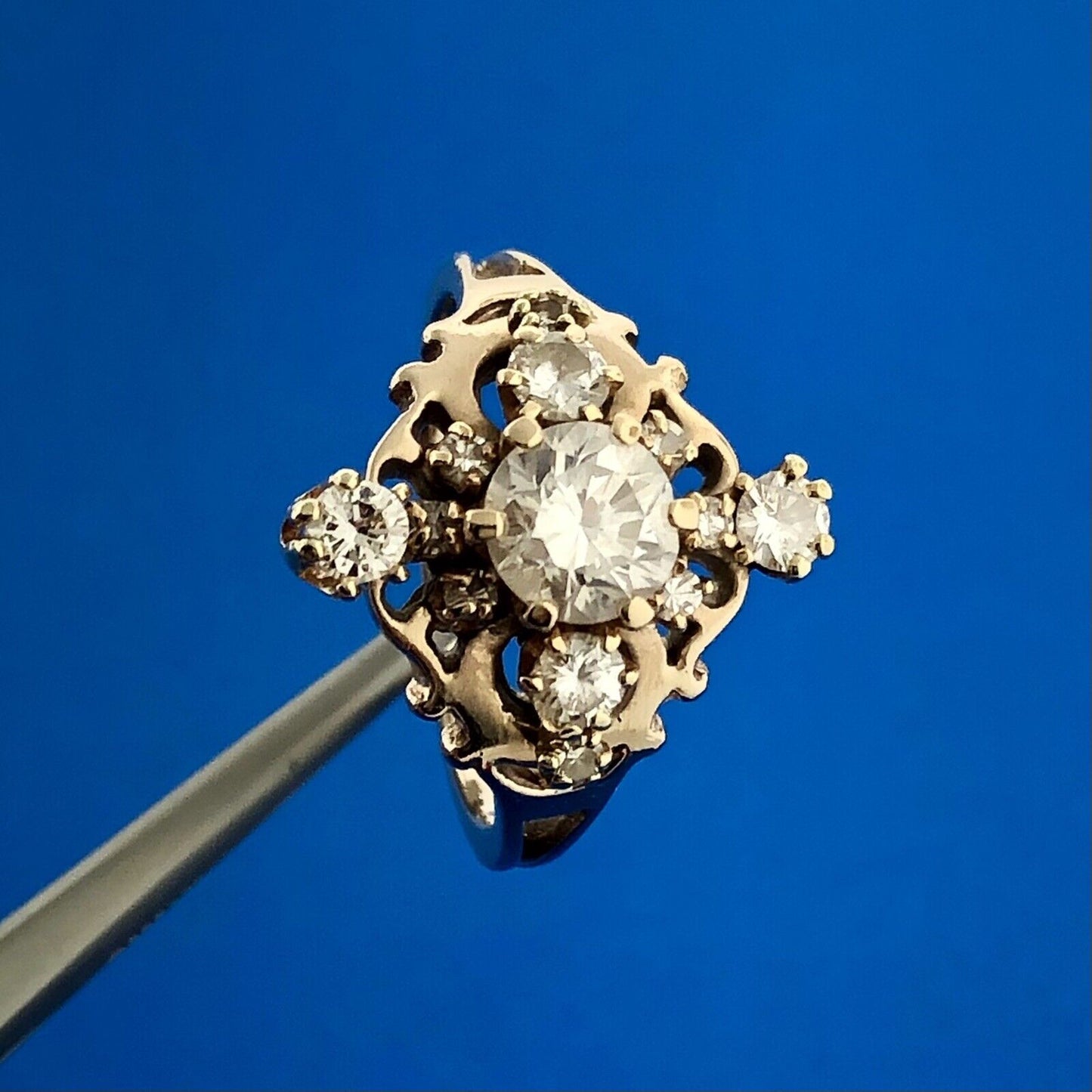 Vintage 14K Yellow Gold Diamond Solitaire Accented Etruscan Style Ring