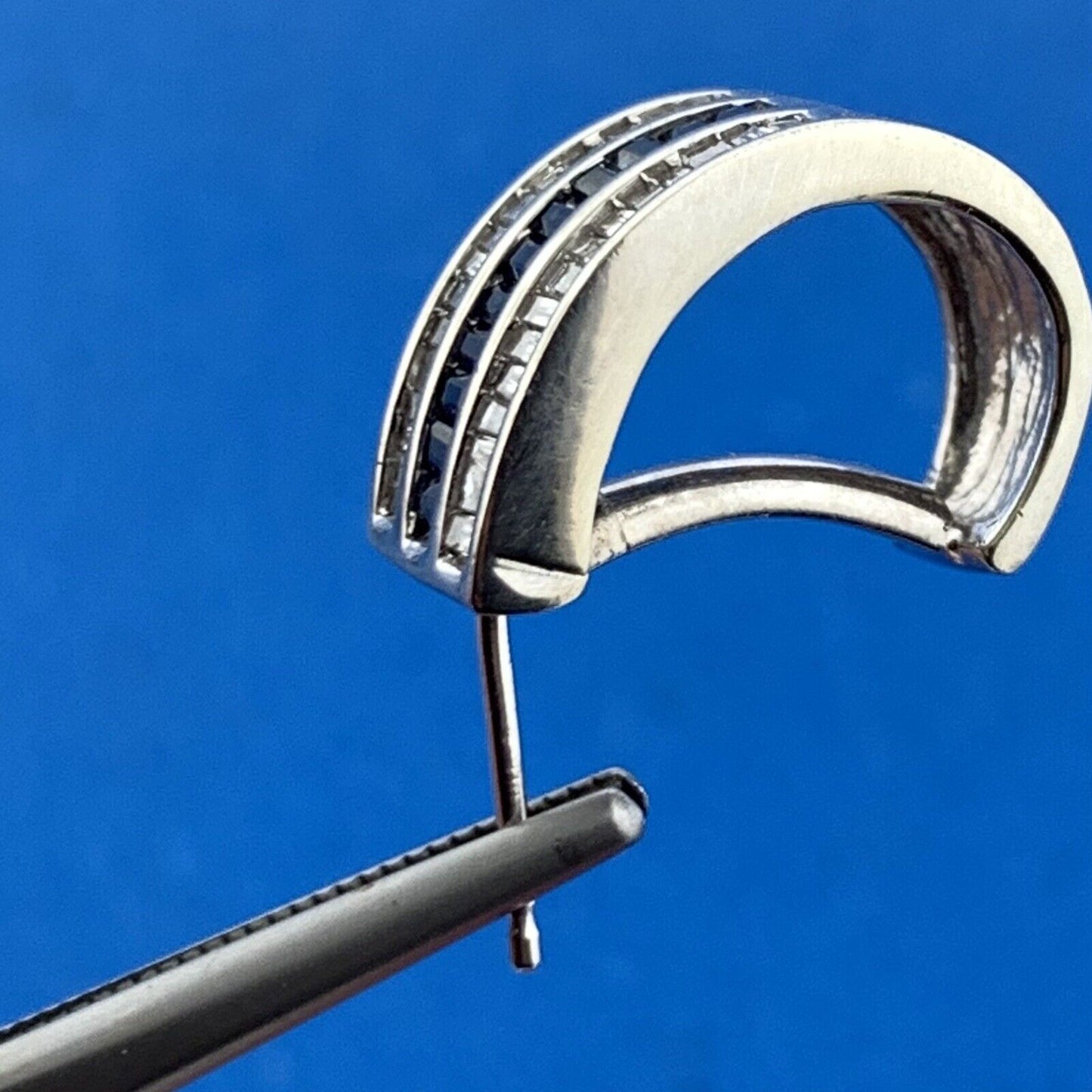 Retro 14K White Gold Channel Set Sapphire Diamond September Anniversary Earrings