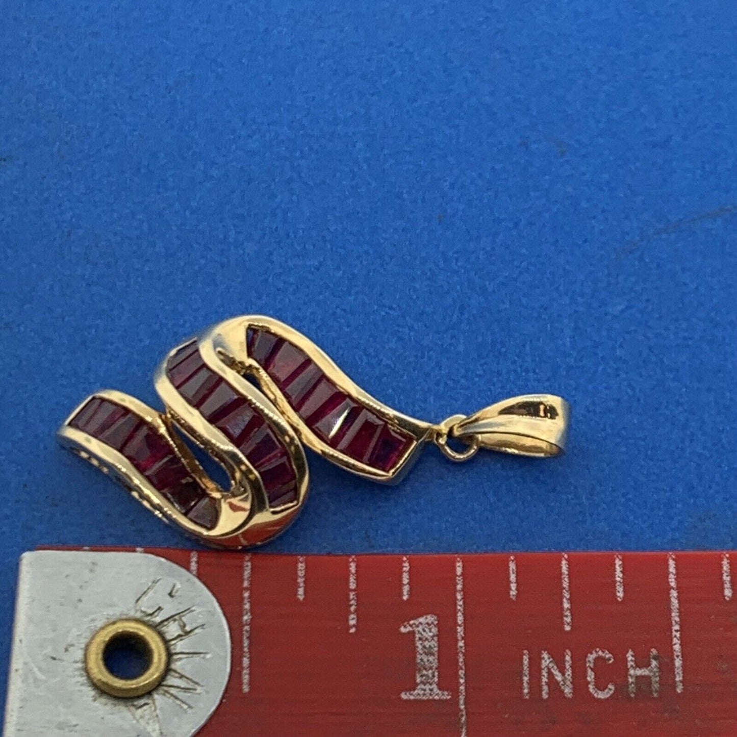 Designer 14K Yellow Gold Ruby Tapered Baguette S Ribbon Statement Pendant