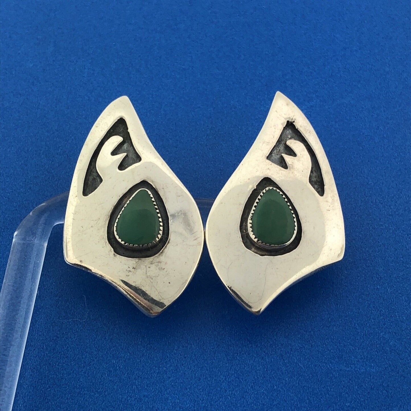 Sterling Silver 925 Teardrop Cabochon Turquoise Jagged Pear Shard Clip Earrings