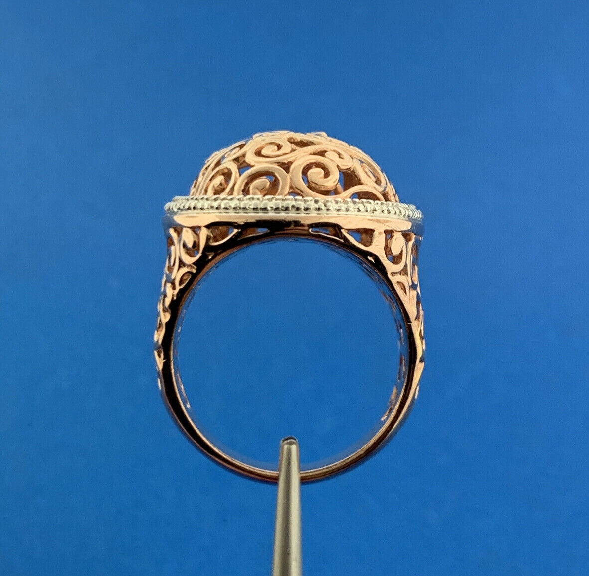 Designer Sterling Silver Rose Vermeil Two Tone Open Scroll Statement Dome Ring
