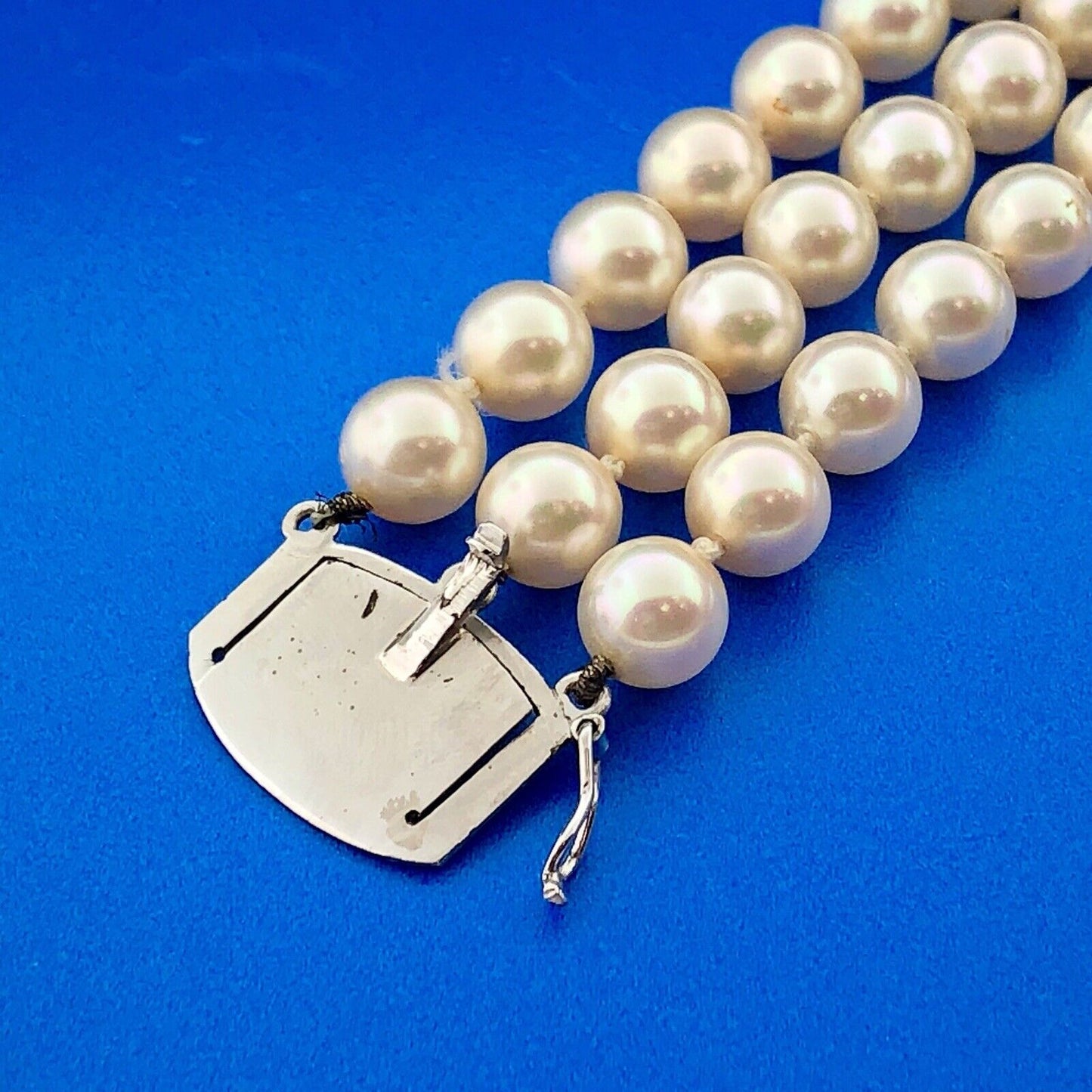 Vintage Silver Tone Hand Knotted Faux Pearl Rhinestone 3 Row Tennis Bracelet