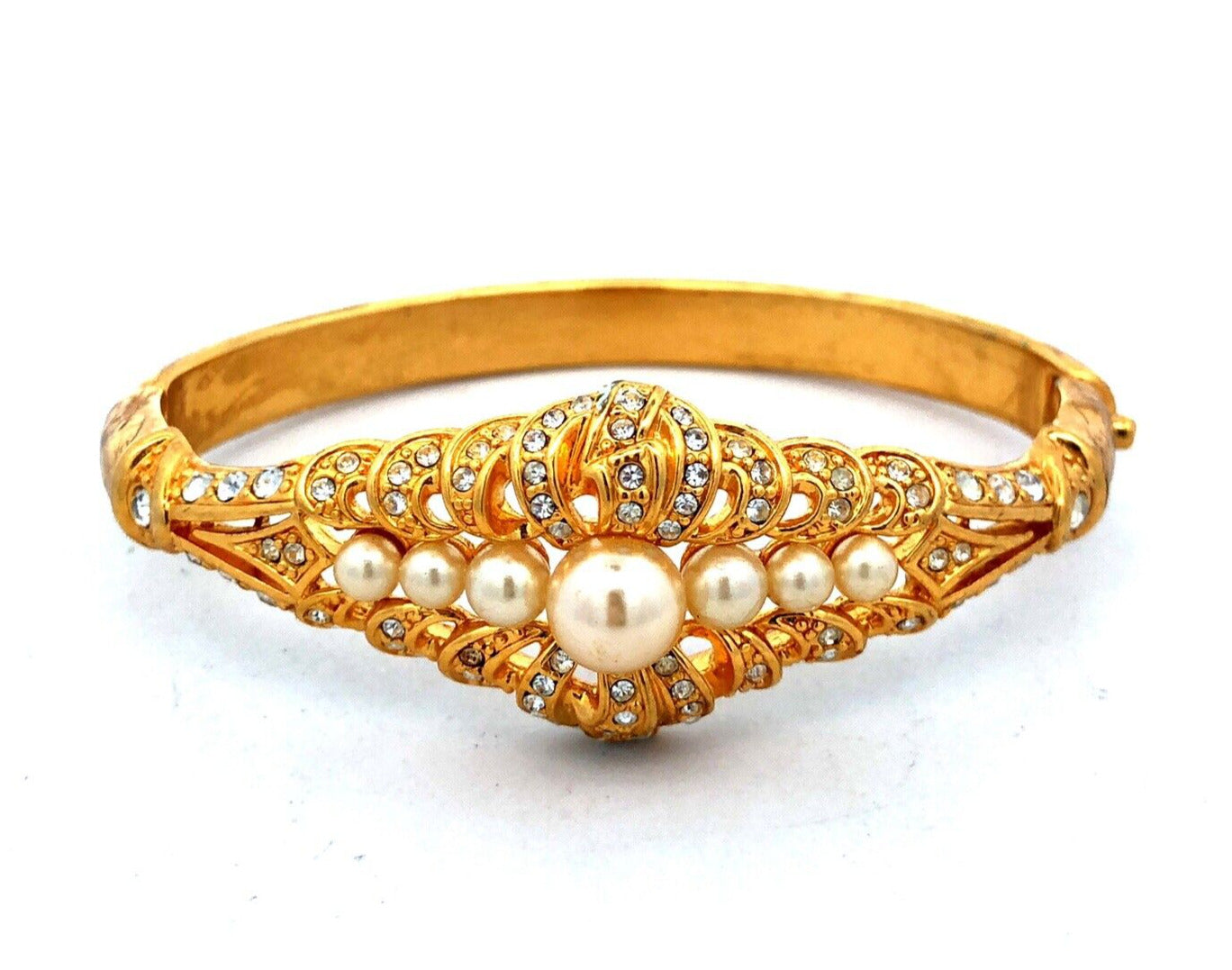 Vintage Barbara Mandrell Gold Tone Faux Pearl Rhinestone Hinged Cuff Bracelet