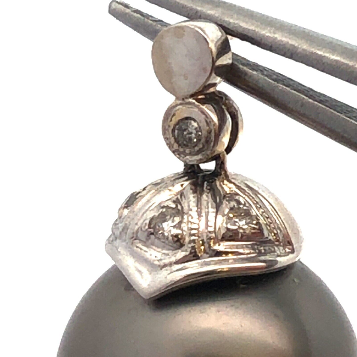 Gorgeous 14k White Gold Gray Pearl Round Cut Diamond Dangle Earrings 13.5mm