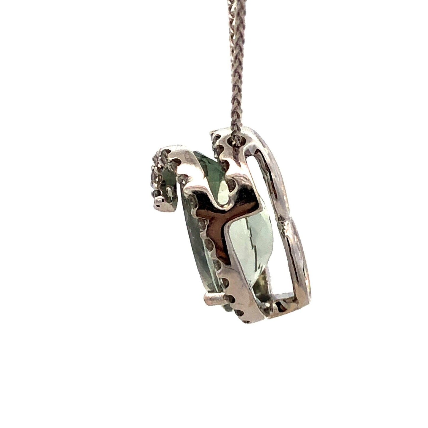 Designer SG 14K White Gold Oval Green Amethyst Diamond Swirl Pendant Necklace