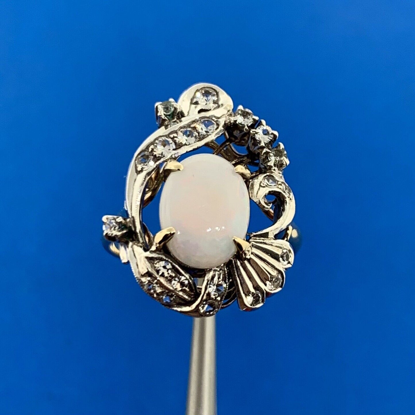 Vintage 10K Yellow Gold 925 Sterling Silver Opal White Amethyst Ring