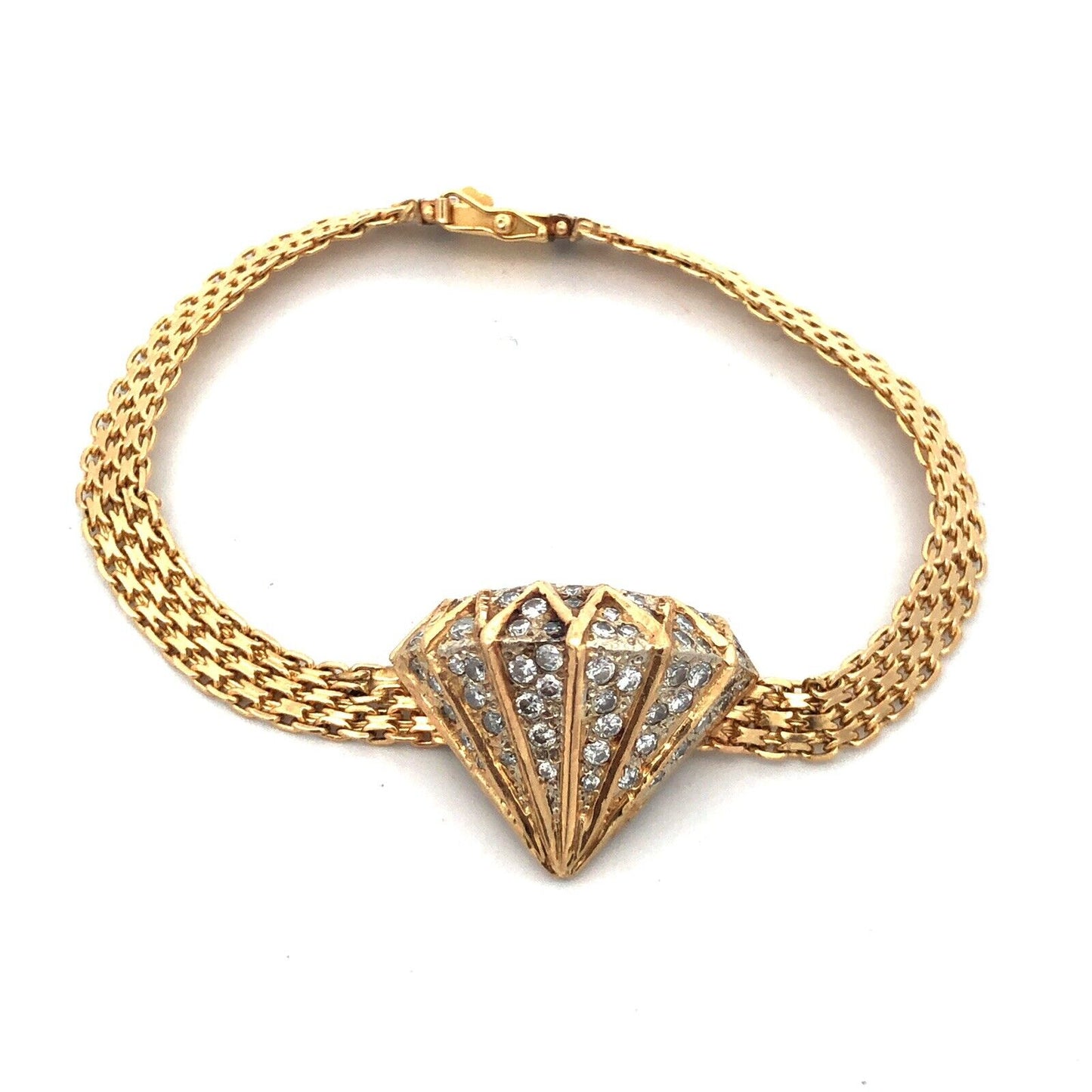 Estate 14K Yellow Gold Custom Round Diamond Statement Mesh Link Bracelet