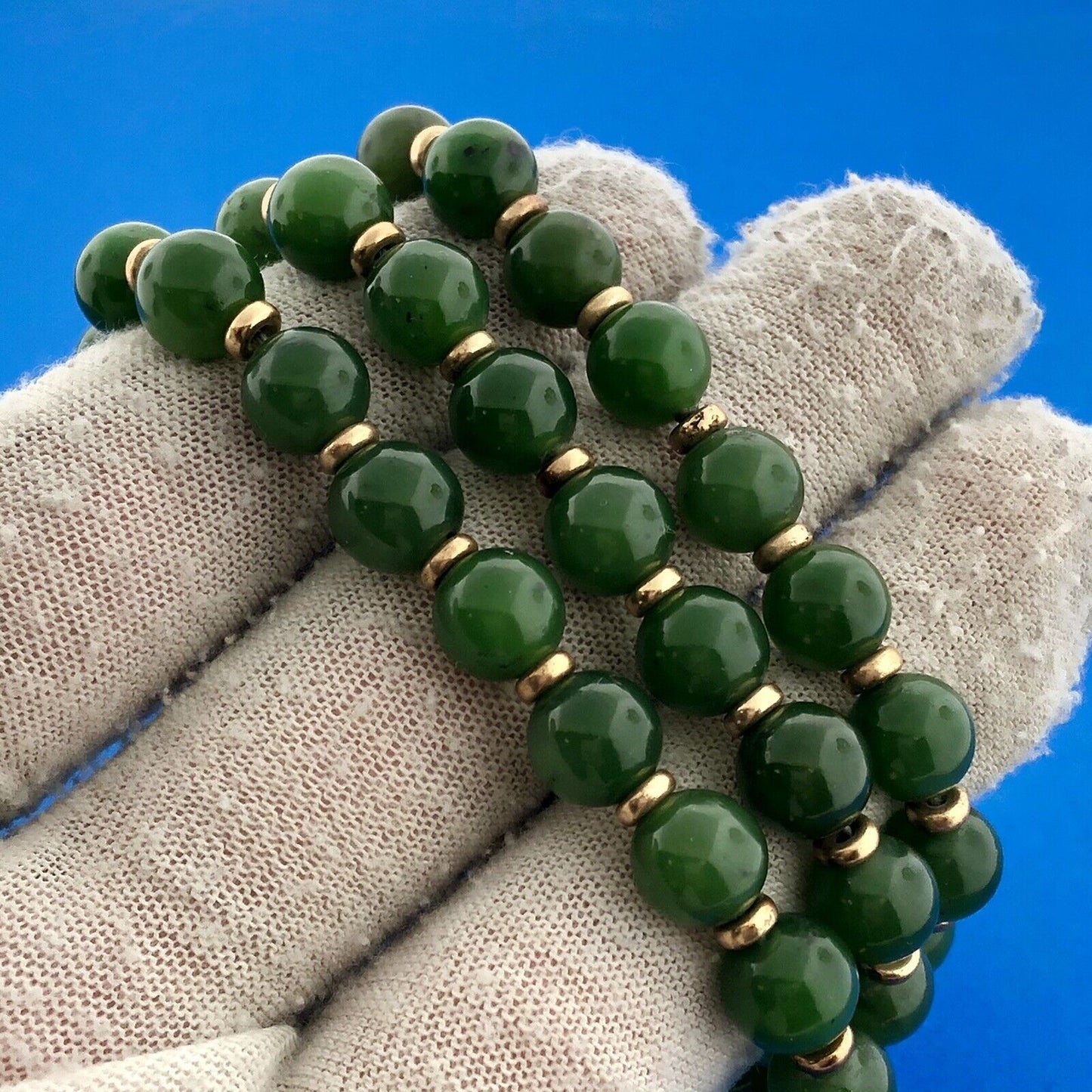 Gorgeous 14k Yellow Gold Cabochon Green Jade Bead Strand String 22.5" Necklace