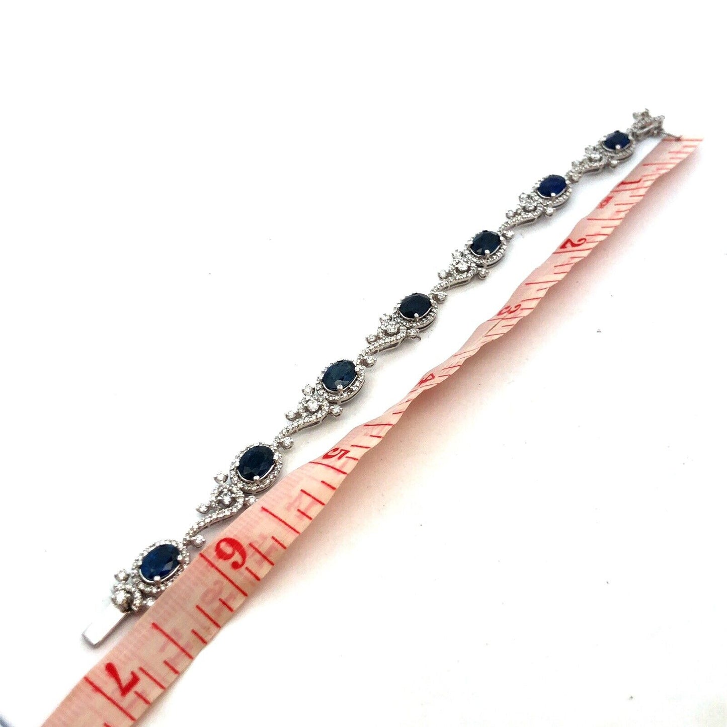 Designer K 18K White Gold Oval Blue Sapphire Diamond Swirl Tennis Bracelet