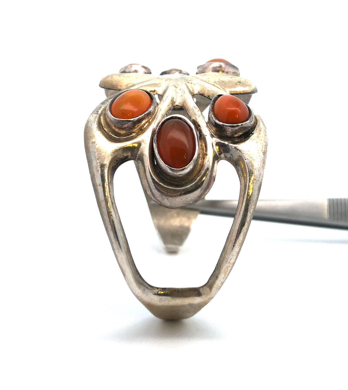 Modernist 925 Sterling Silver Mexican Fire Opal Butterfly Open Cuff Bracelet