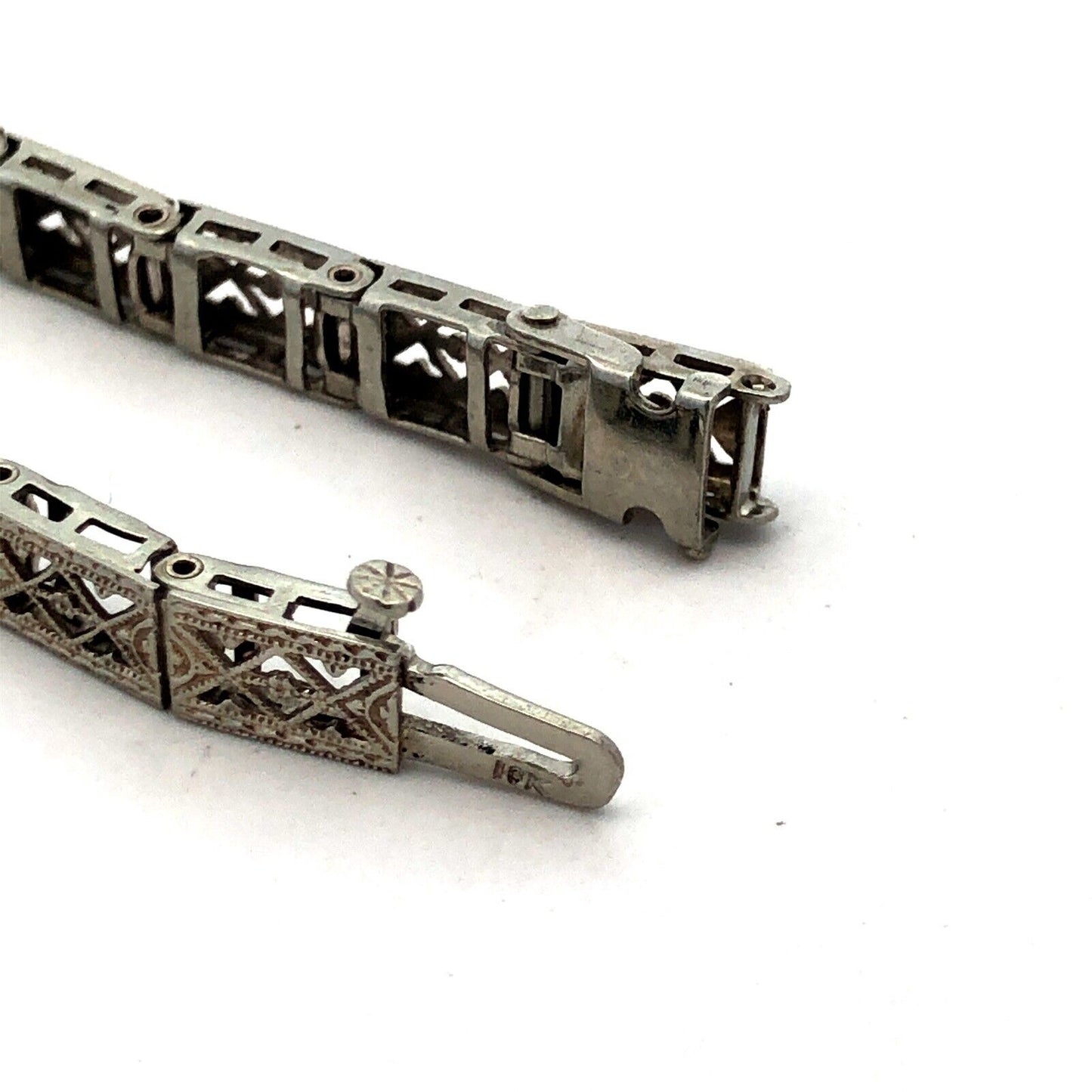 Vintage Art Deco 10K White Gold Diamond Sapphire Filigree Panel Tennis Bracelet