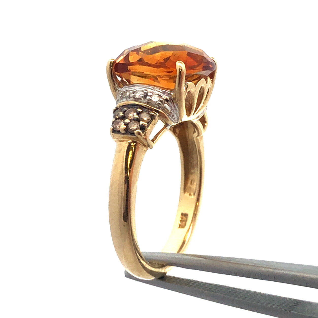 14K Yellow Gold Faceted Cushion Citrine Chocolate White Diamond Cocktail Ring