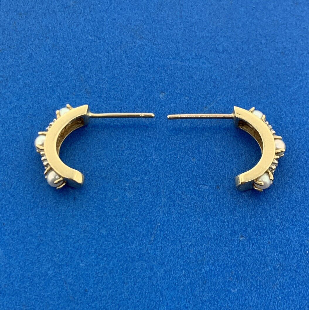 14K Yellow Gold Pearl Diamond Half Hoop Stud Earrings