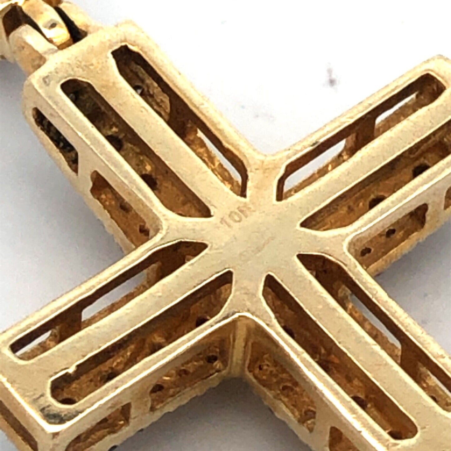 Estate 10K Yellow Gold Round Diamond Encrusted Cross Pendant