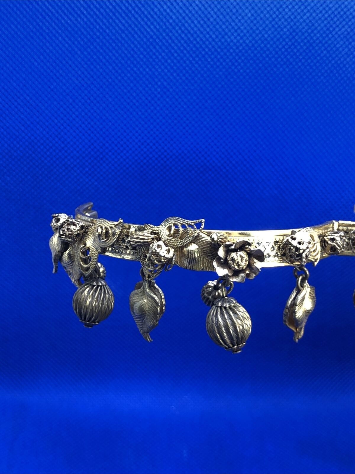 Art Nouveau Gold Tone Floral Theme Dangle Charm Hinged Cuff Bracelet