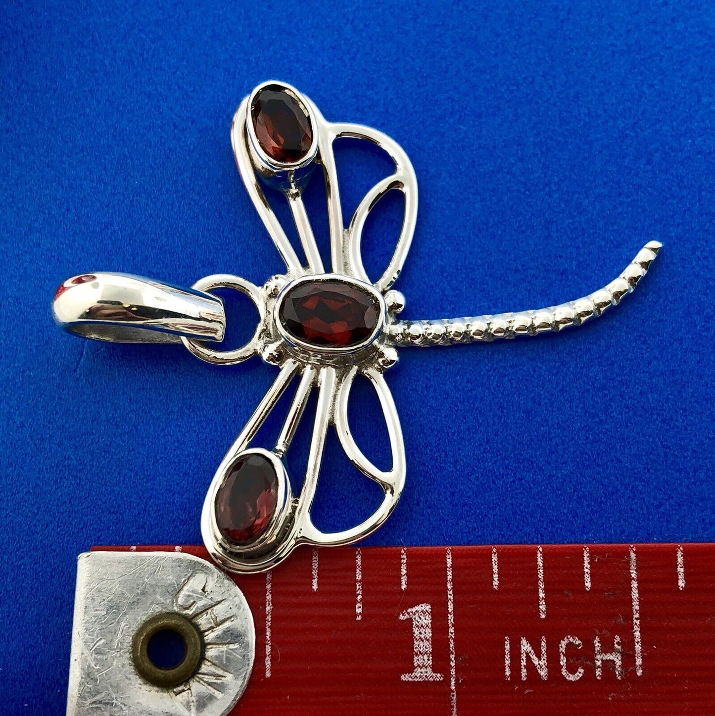 Sterling Silver 925 Garnet 3D Open Work Dragonfly Insect Statement Pendant