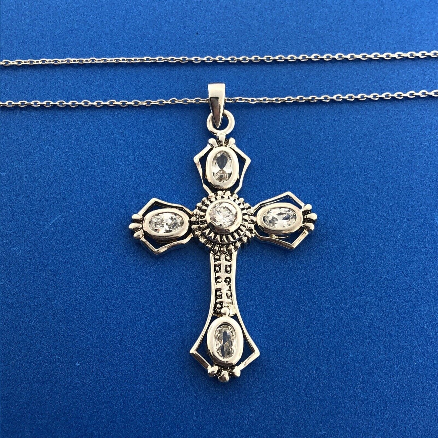 Designer Sterling Silver 925 Cubic Zirconia Religious Cross Statement Necklace