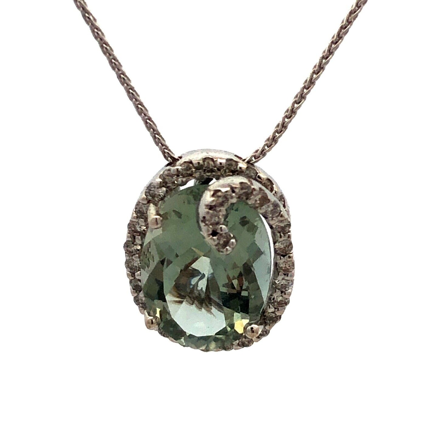Designer SG 14K White Gold Oval Green Amethyst Diamond Swirl Pendant Necklace