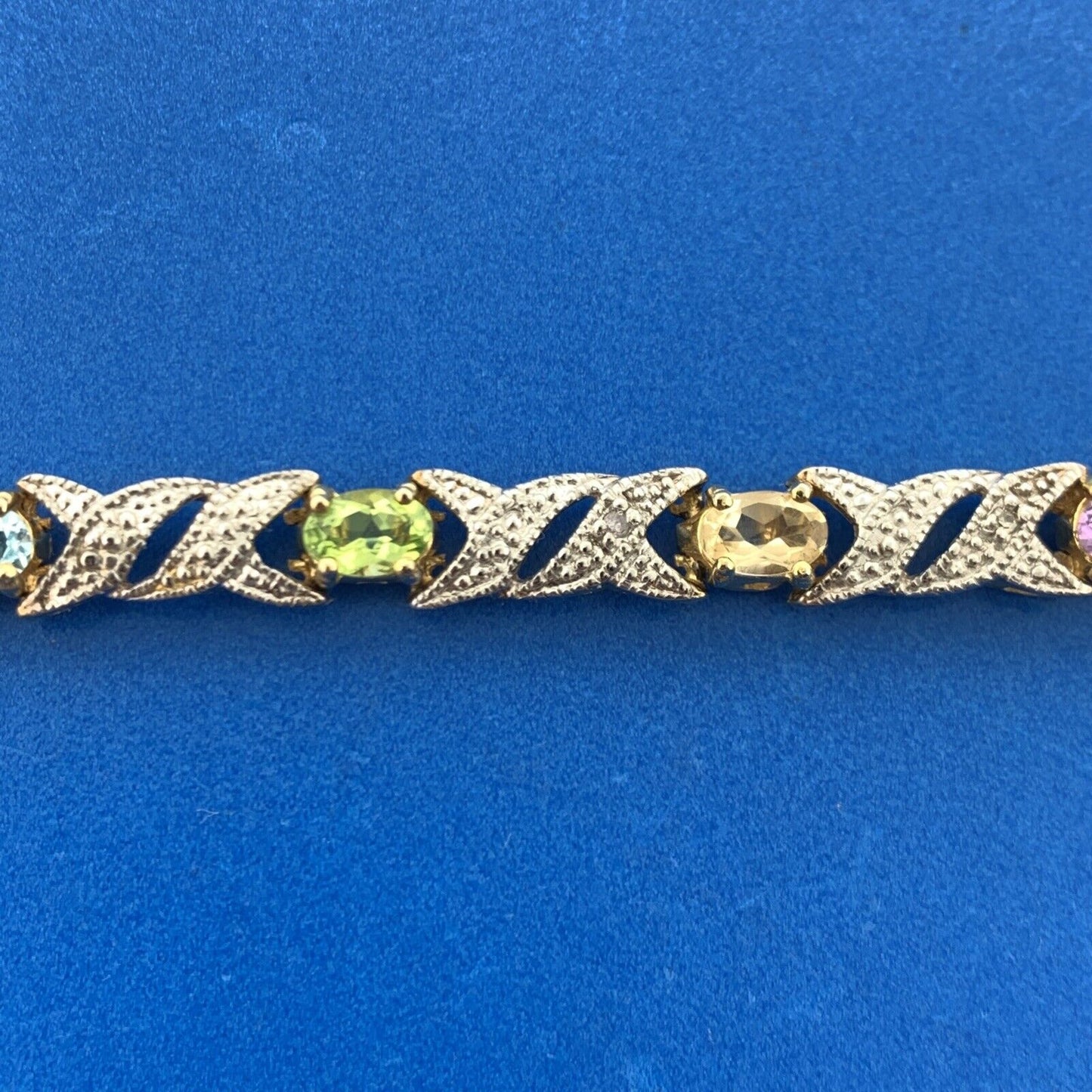 FAS 925 Sterling Silver Vermeil Diamond Oval Multi Gemstone X O Tennis Bracelet