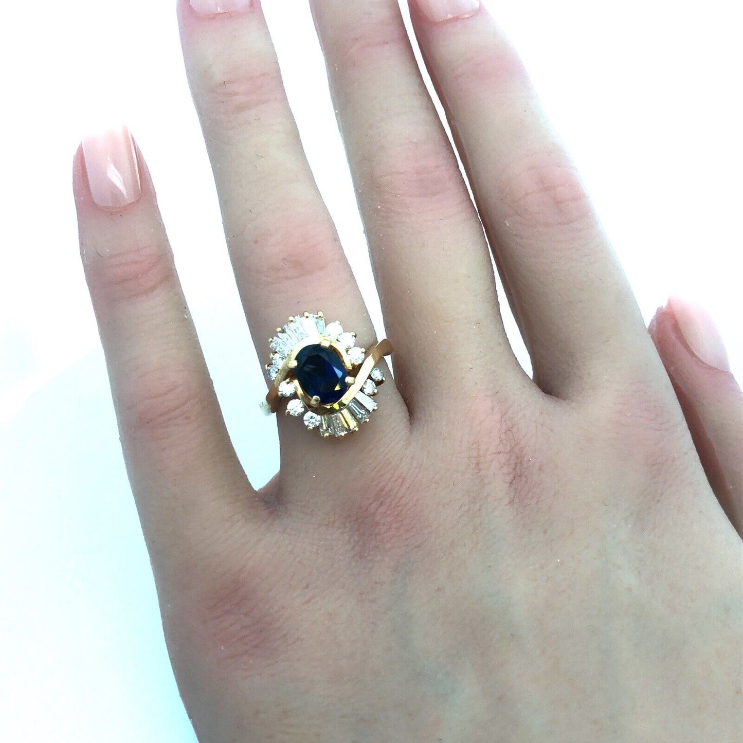 Designer 14K Yellow Gold Oval Sapphire Diamond Wave Halo Bypass Cocktail Ring
