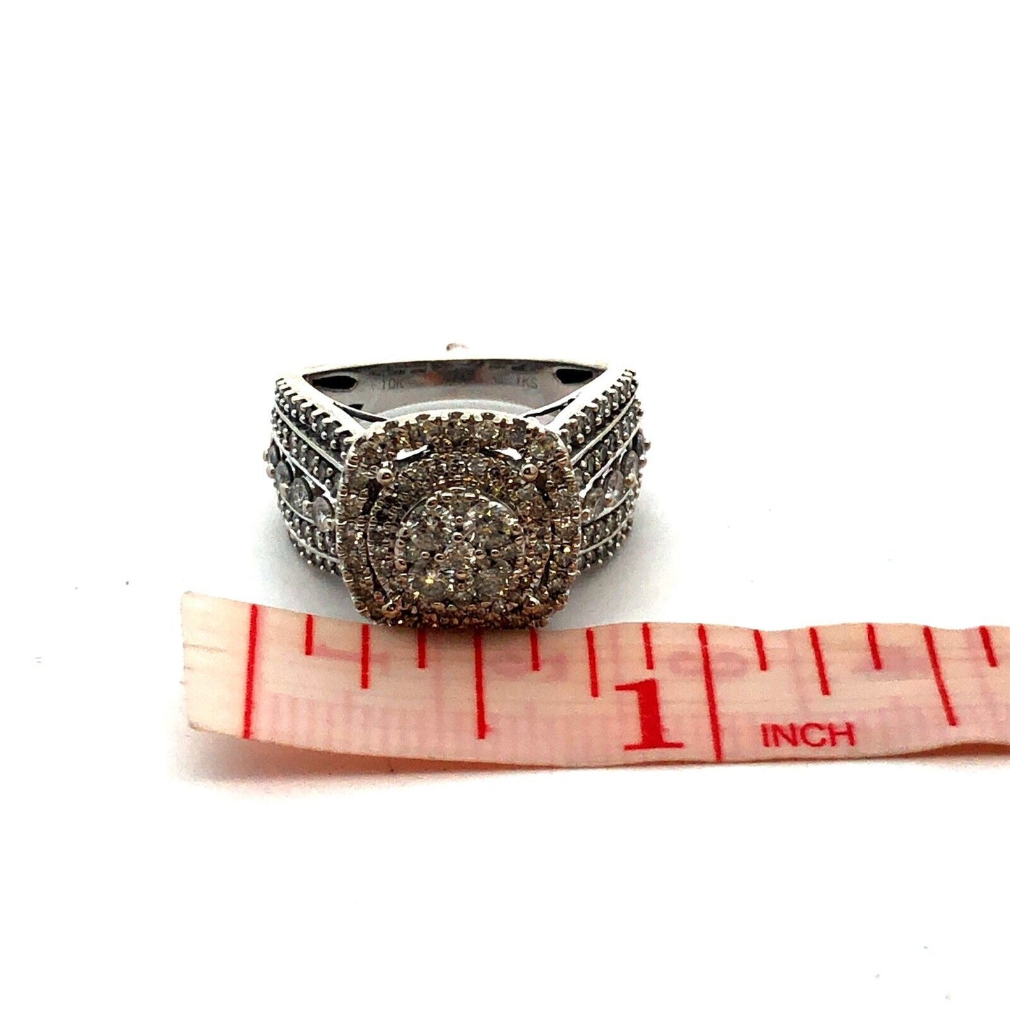 Designer IKS 10K White Gold Round Diamond Cluster Halo Statement Engagement Ring