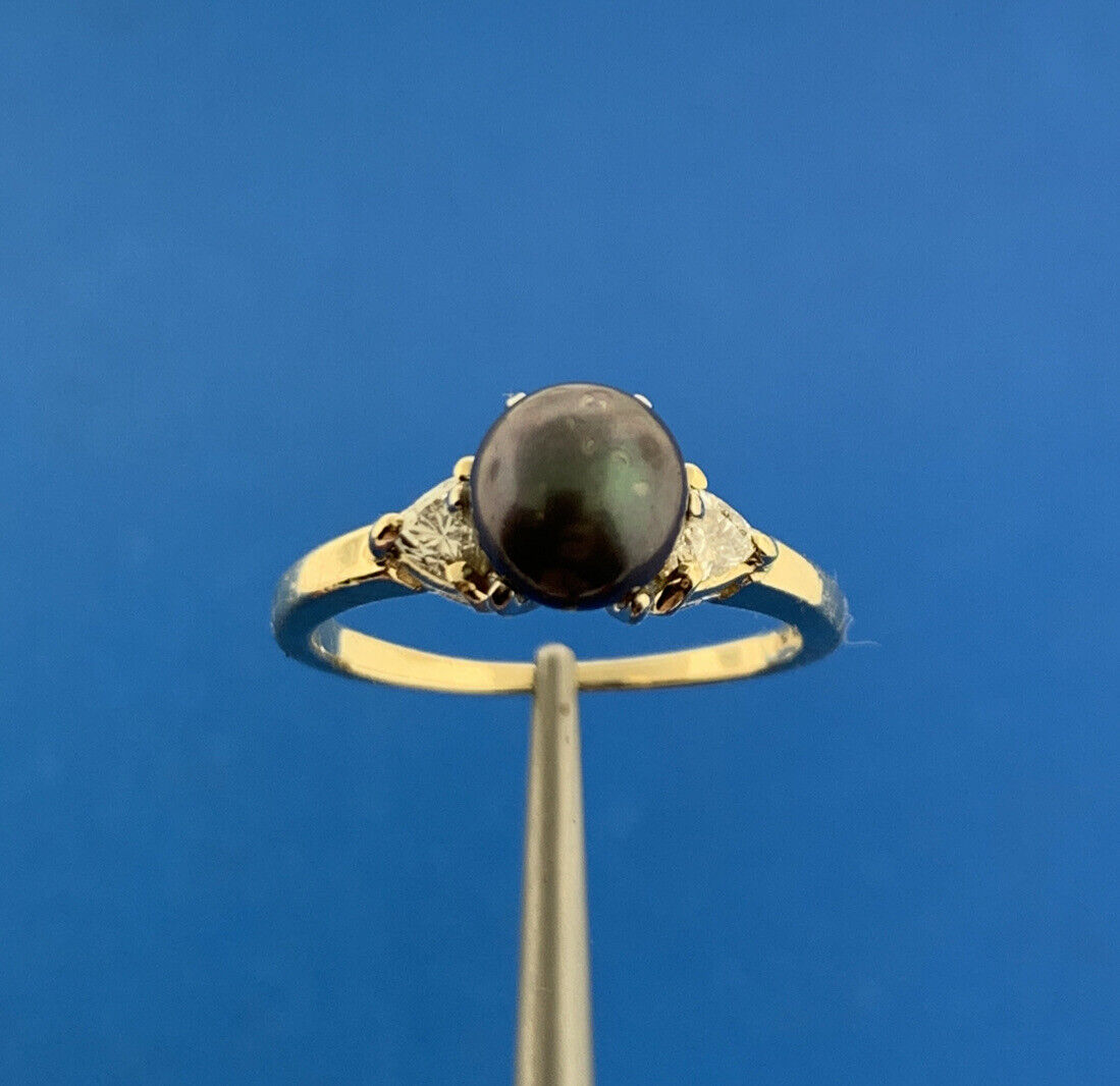Gorgeous 14k Yellow Gold Black Pearl Trillion Diamond Accent Ring Size 6