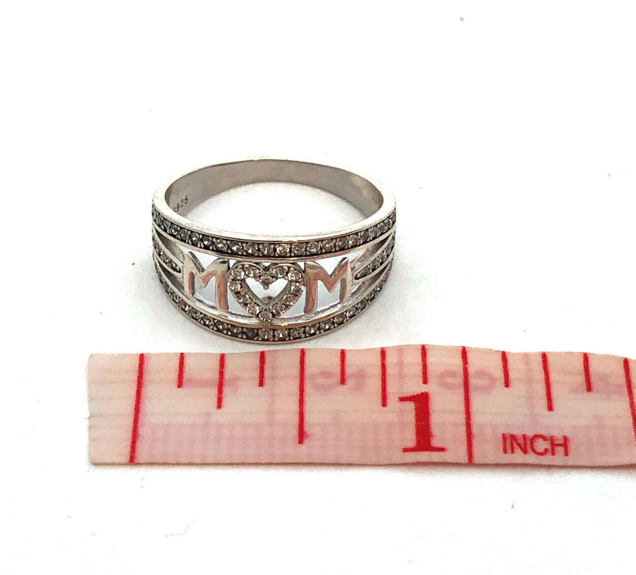 925 Sterling Silver Estate Cubic Zirconia CZ MOM Mother Heart Love Band Ring