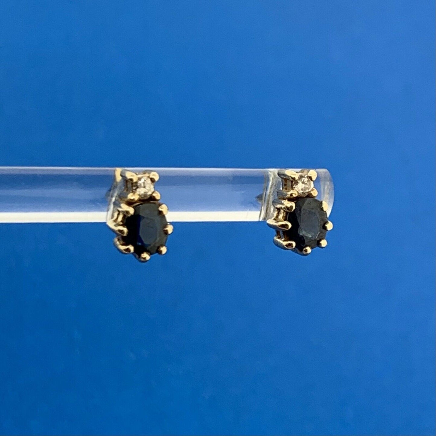 14K Yellow Gold Oval Blue Sapphire Diamond Accent Stud Earrings