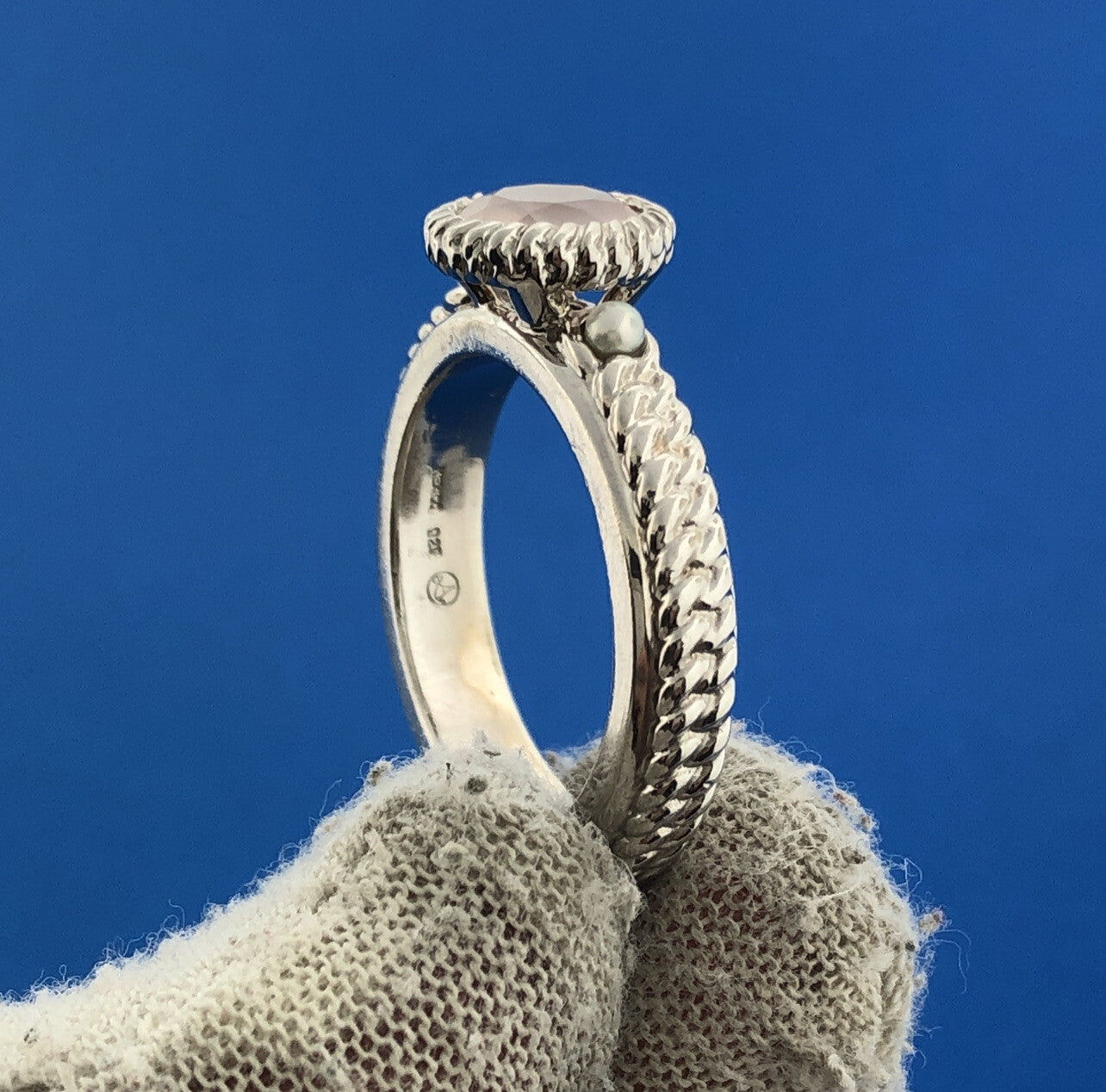 Anthony Nak Atelier Sterling Silver 925 Rose Quartz Pearl Cable Cocktail Ring