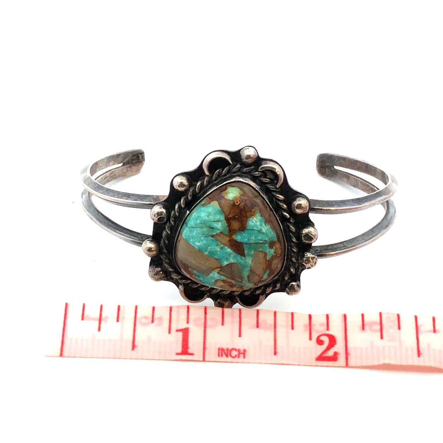 Vintage 925 Sterling Silver Cabochon Turquoise Open Cuff Bracelet