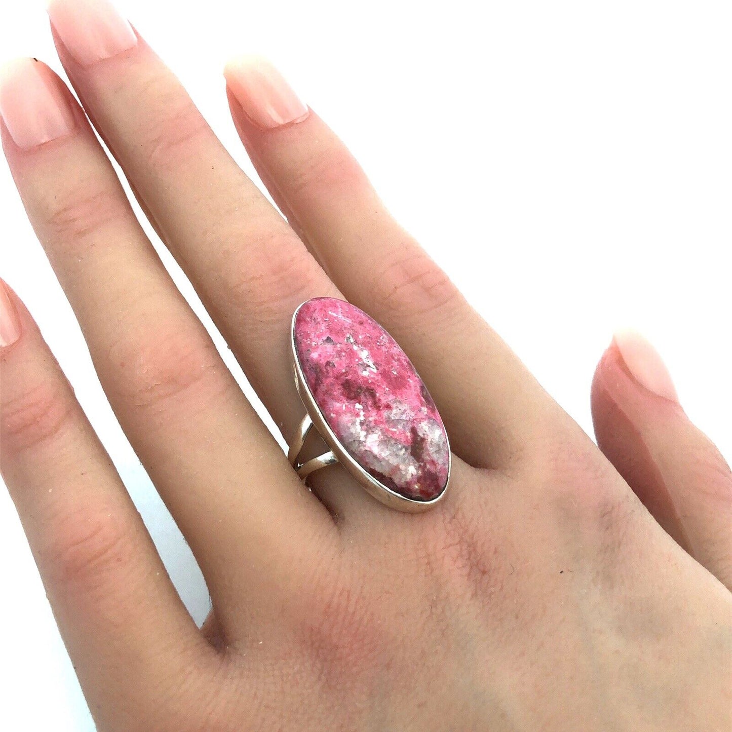 Vintage 925 Sterling Silver Oval Pink Rhodochrosite Statement Ring