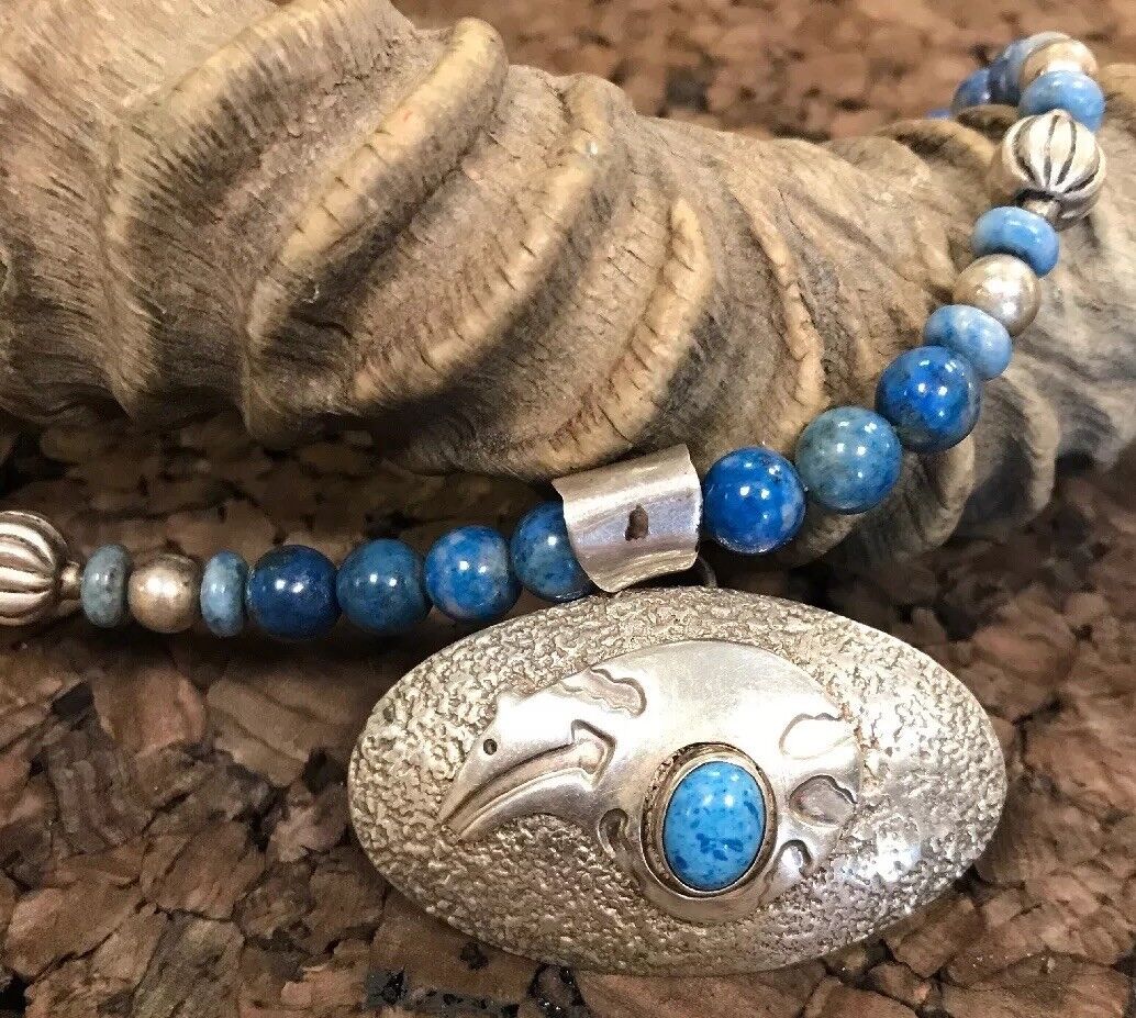 Vintage Native American Sterling Silver 925 Lapis Lazuli Bead Concho Necklace