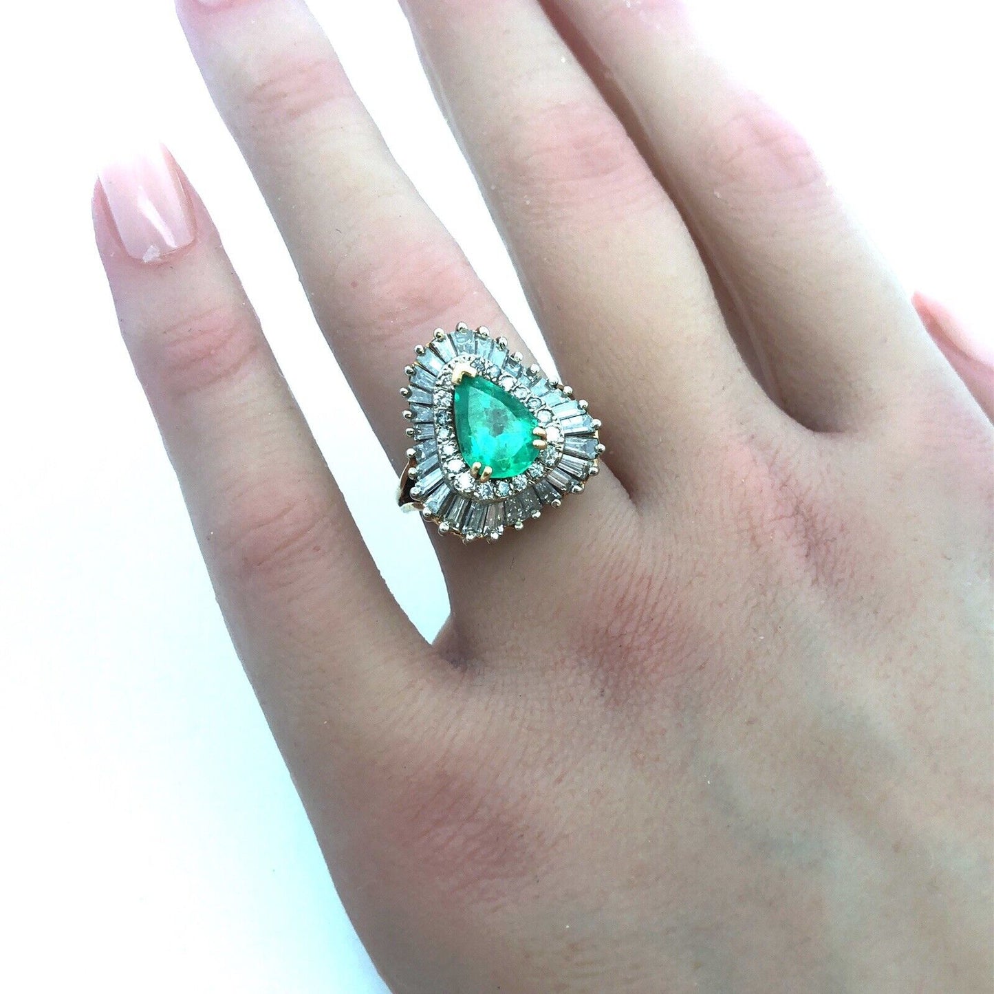 Vintage 14K Yellow Gold Pear Emerald Double Diamond Halo Statement Cocktail Ring