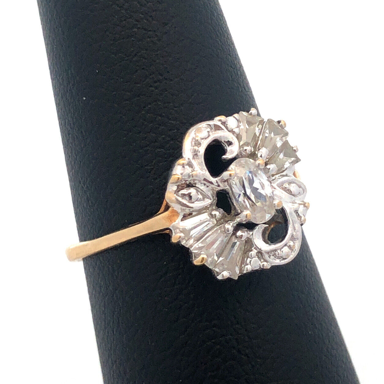 Estate 10K Yellow White Gold Oval CZ Baguette Accented Anniversary Ring