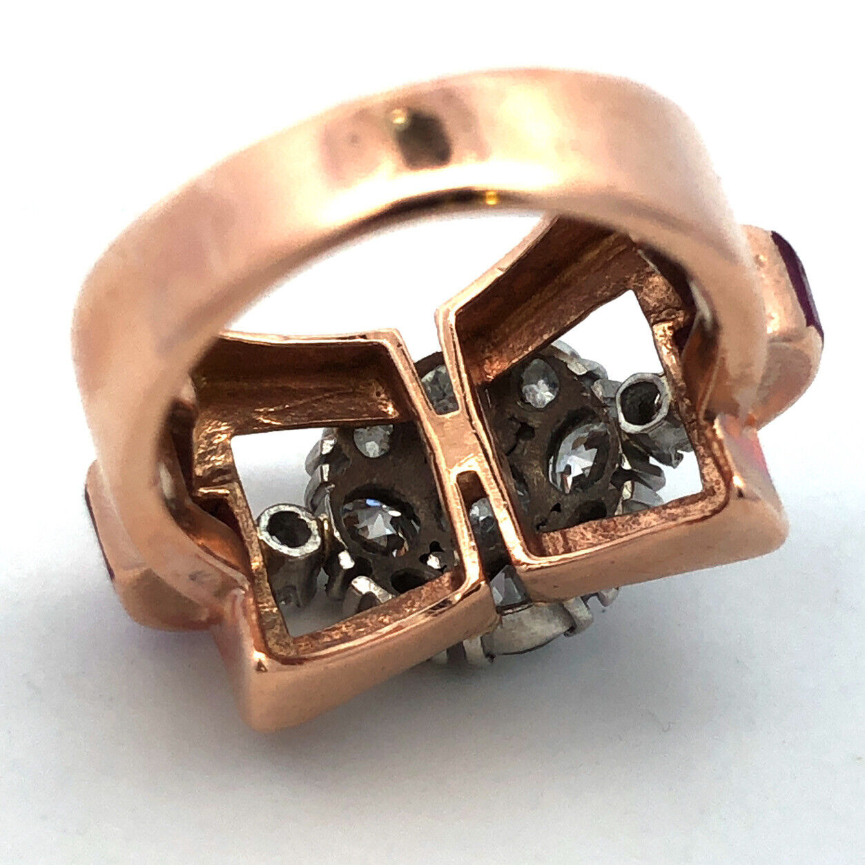 Unusual 14K Rose Gold Diamond Floral Cluster Ruby Baguette Accent Cocktail Ring