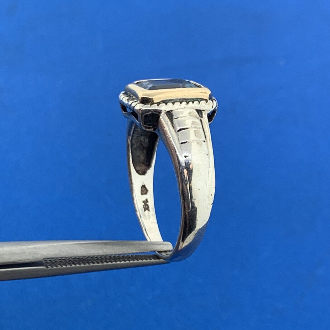 Silpada 14K Yellow Gold 925 Sterling Silver Emerald Cut Blue Topaz Cocktail Ring