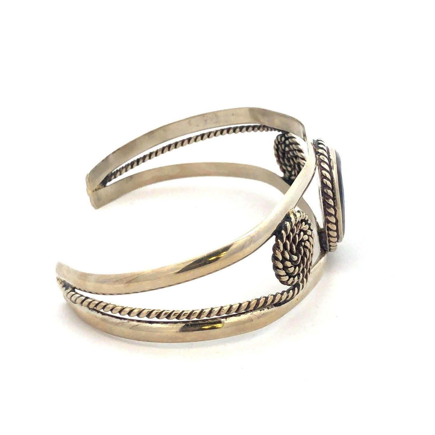 Vintage Mexico Alpaca 925 Sterling Silver Round Abalone Filigree Cuff Bracelet