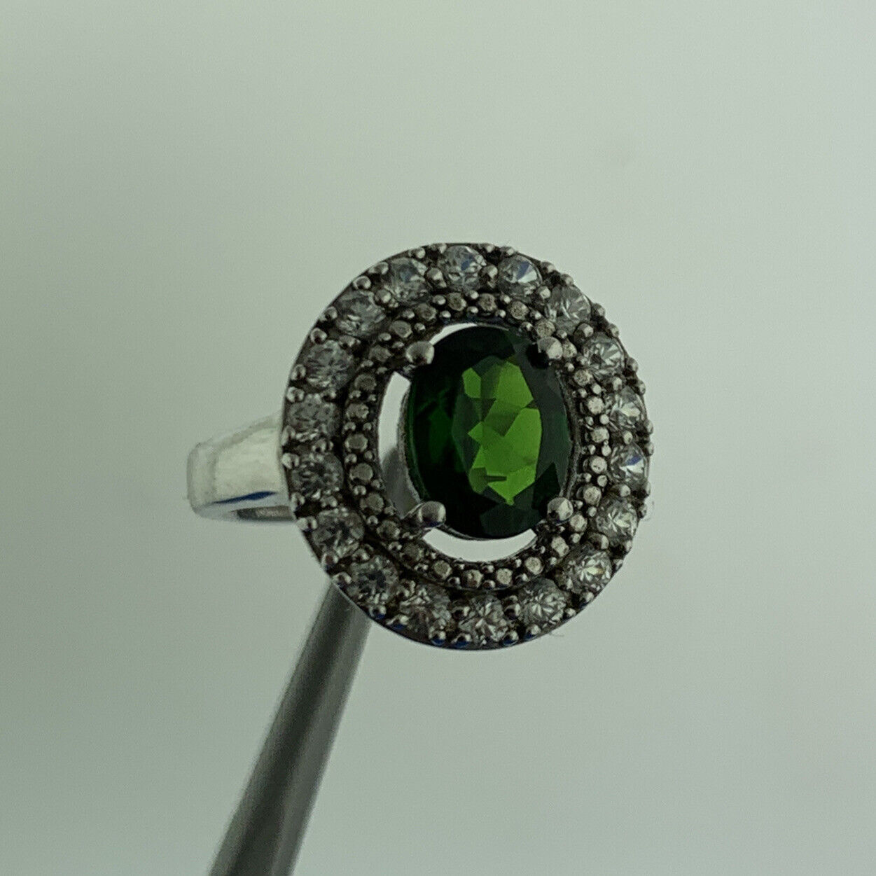 Designer 925 Sterling Silver Green Oval Cubic Zirconia White Round CZ Halo Ring