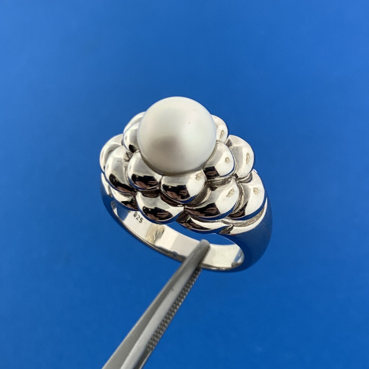 Vintage EA Sterling Silver 925 Pearl Flower Statement Cocktail Dome Ring