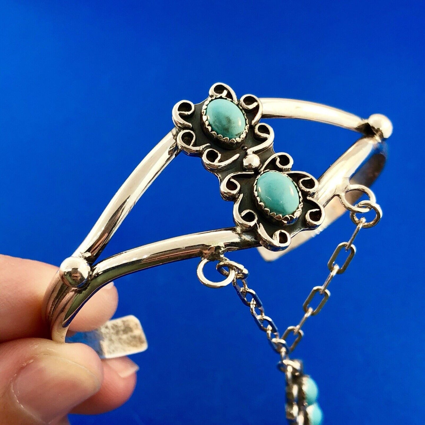Native American Artisan CM Sterling Silver 925 Turquoise Slave Cuff Bracelet