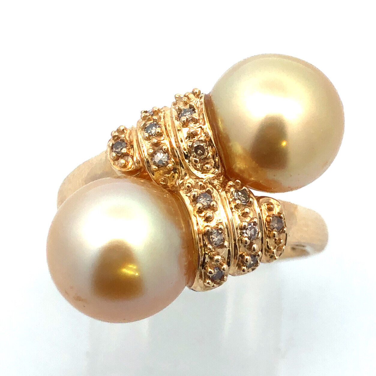 Designer 14K Yellow Gold Champagne Pearl Diamond Accented Bypass Cocktail Ring