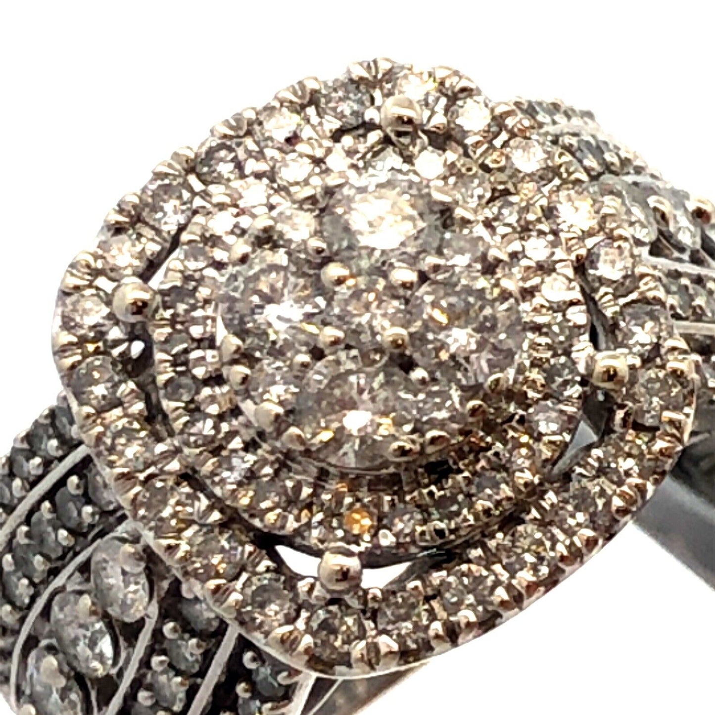Designer IKS 10K White Gold Round Diamond Cluster Halo Statement Engagement Ring