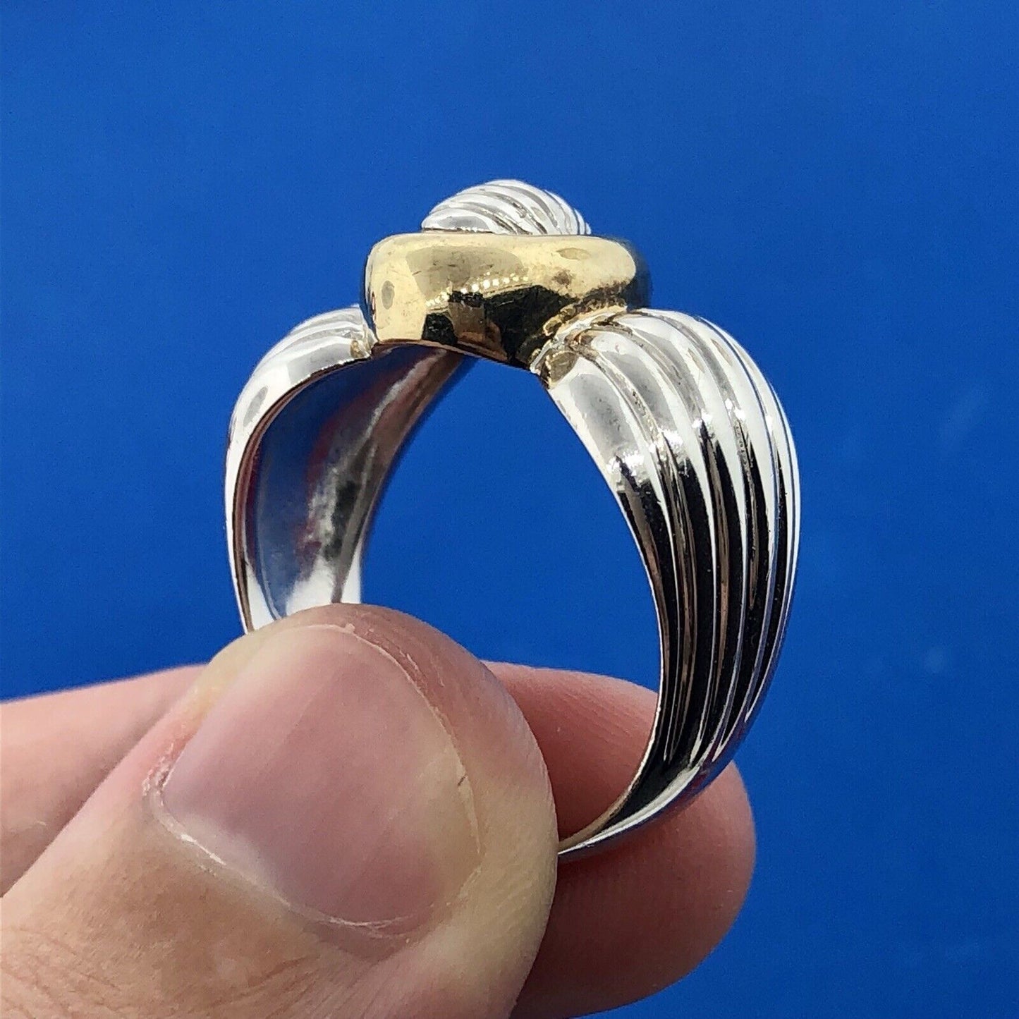 Vintage CNA Sterling Silver 925 Two Toned Modernist Ribbed Knot Cigar Band Ring
