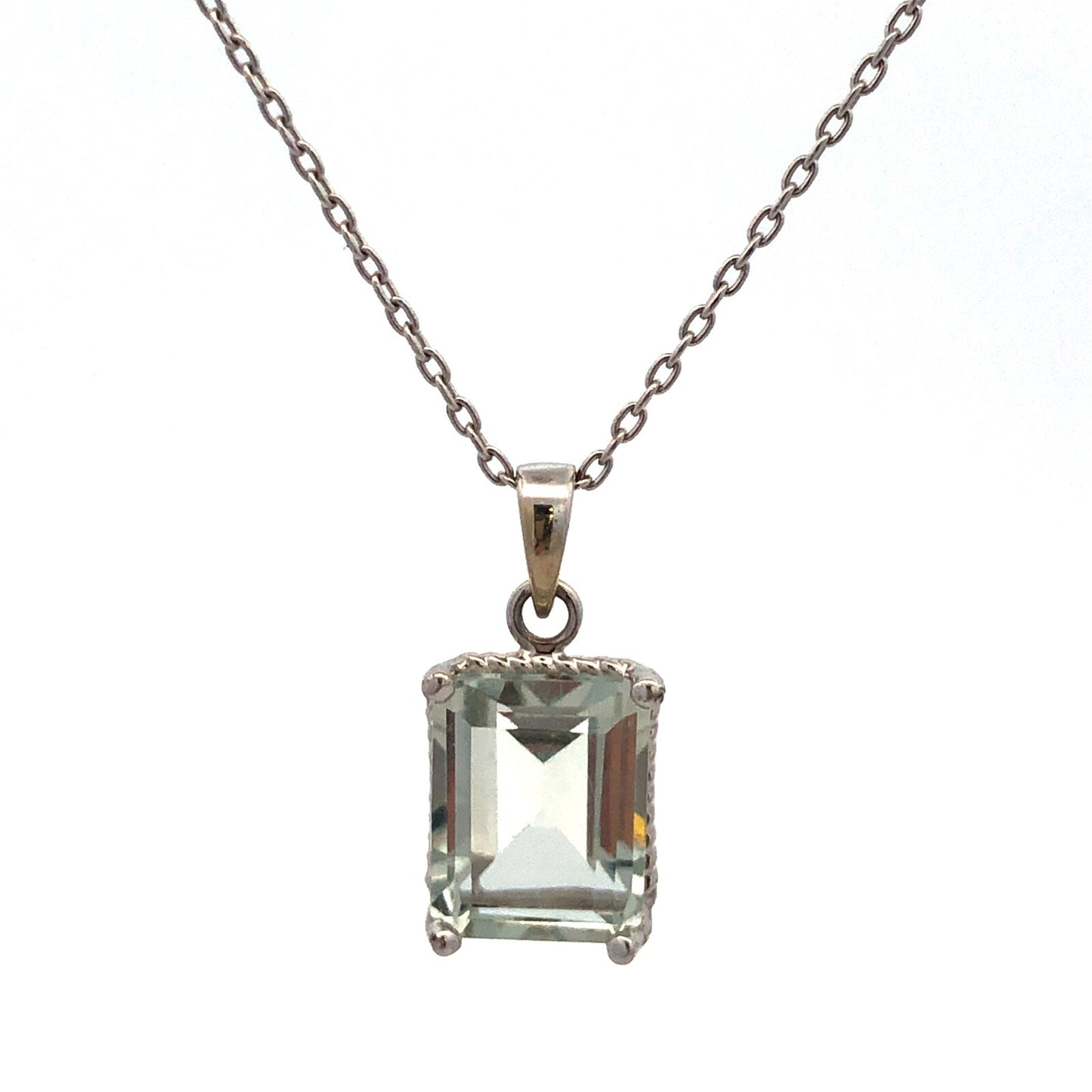 14K White Gold Emerald Cut Green Topaz Solitaire Drop Pendant Necklace