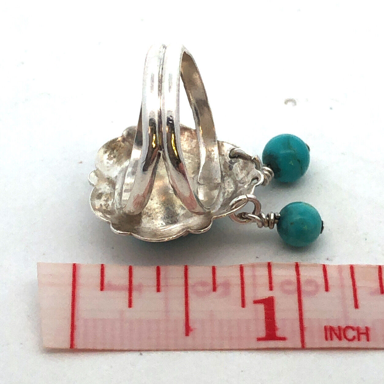 Native American QT 925 Sterling Silver Heart Turquoise Dangle Bead Charm Ring