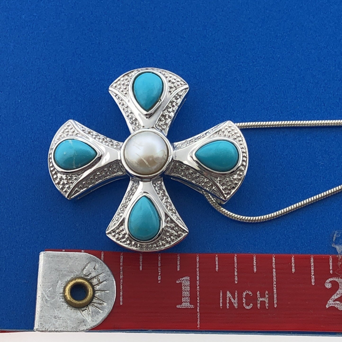 Designer EA Sterling Silver 925 Pearl Turquoise Modernist Cross Pendant Necklace